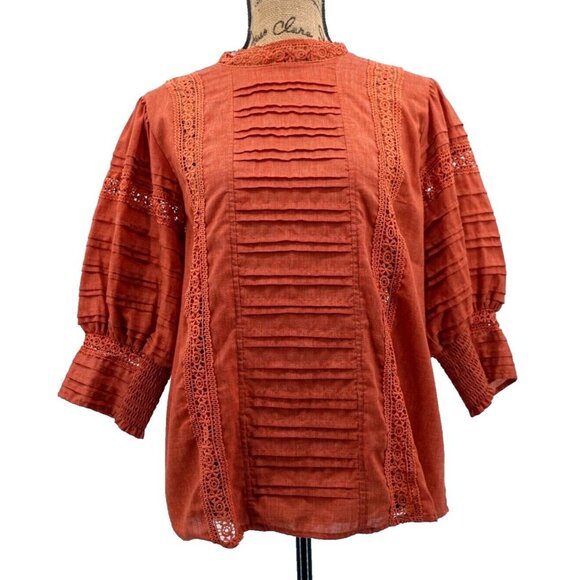 Ces Femme Women Top‎ Small Rust Lace Ruched Embroidered Detailed Button Closure - Picture 1 of 9